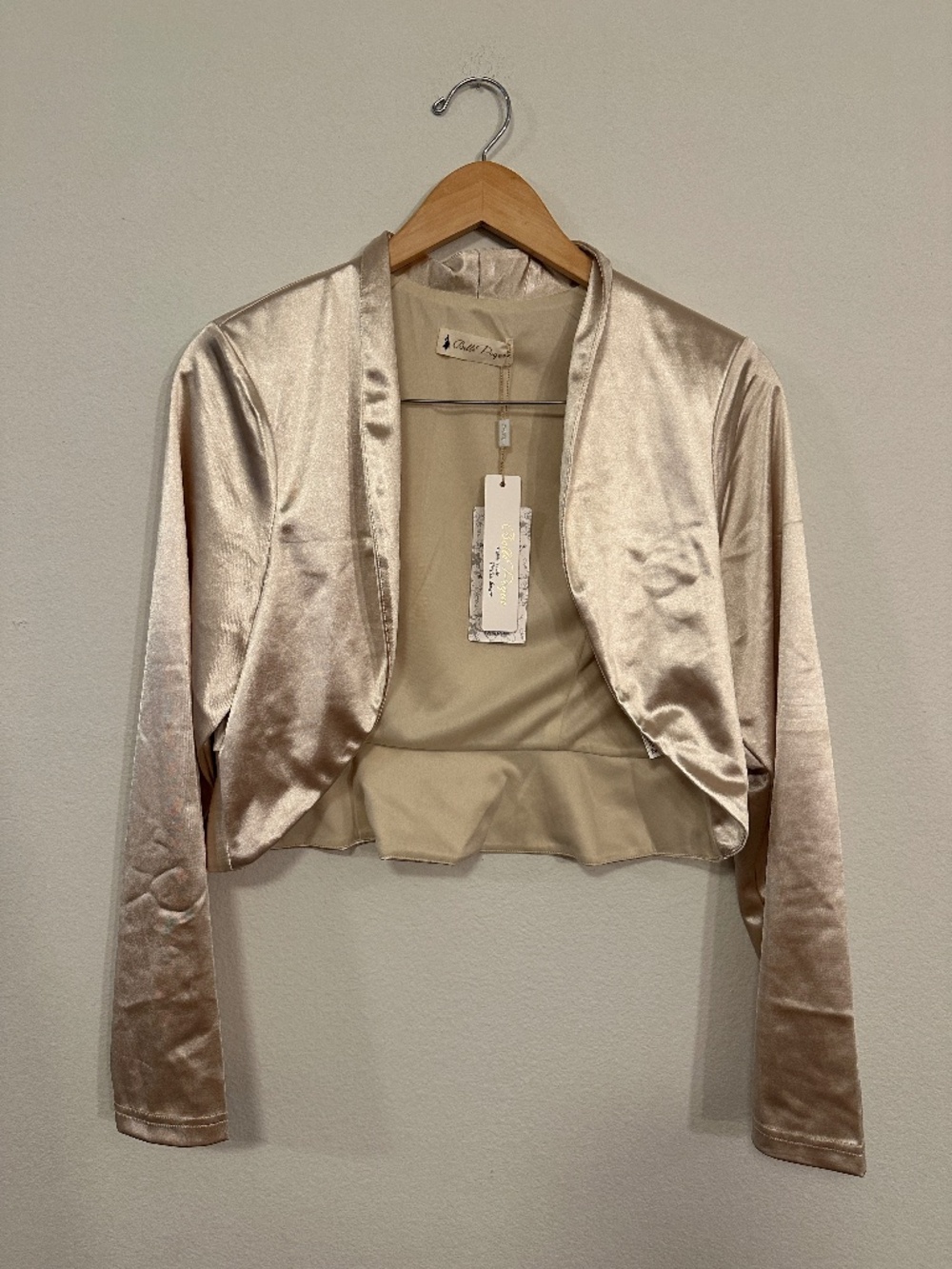 Belle Poque Champagne Satin Open Front Bolero Shrug Long Sleeve Women's NWT